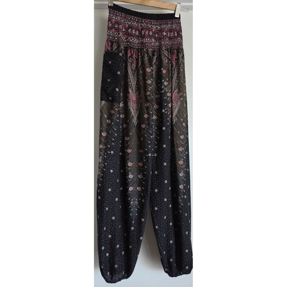 Karma Boho Pants Black Pink Paisley Harem Bohemian Trousers Slacks